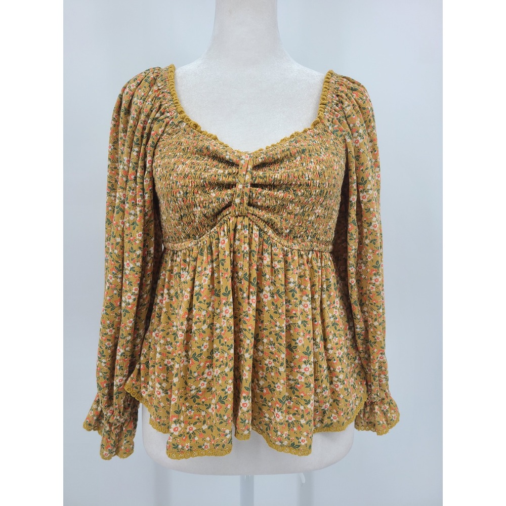 Y2K Babydoll Mustard Top M Cottagecore Romantic Western Smocked Ditzy Floral